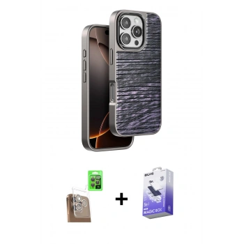 MARSİLYAN™- iPhone 16 Pro Kılıf Atlas Minimal Özel Seri - Siyah Bilvis 5in1 5D Magic Hayalet Cam Ekran Koruyucu + Raze Metal Kamera Lens - CLTM