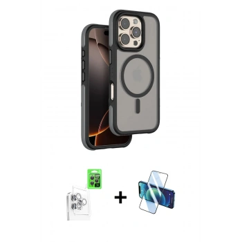 MARSİLYAN™- iPhone 16 Pro Kılıf Çekirdek Minimal Prime - Siyah 3D Antistatik Cam Ekran Koruyucu + Raze Metal Kamera Lens - BZ