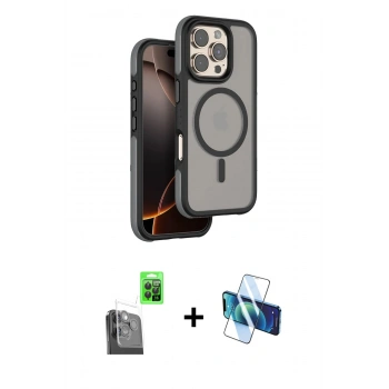 MARSİLYAN™- iPhone 16 Pro Kılıf Çekirdek Minimal Prime - Siyah 3D Antistatik Cam Ekran Koruyucu + Raze Metal Kamera Lens - SH
