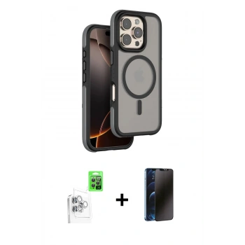 MARSİLYAN™- iPhone 16 Pro Kılıf Çekirdek Minimal Prime - Siyah 3D Antistatik Hayalet Cam Ekran Koruyucu + Raze Metal Kamera Lens - BZ