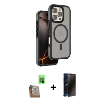 MARSİLYAN™- iPhone 16 Pro Kılıf Çekirdek Minimal Prime - Siyah 3D Antistatik Hayalet Cam Ekran Koruyucu + Raze Metal Kamera Lens - CLTM