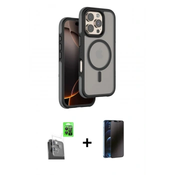 MARSİLYAN™- iPhone 16 Pro Kılıf Çekirdek Minimal Prime - Siyah 3D Antistatik Hayalet Cam Ekran Koruyucu + Raze Metal Kamera Lens - SH