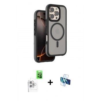 MARSİLYAN™- iPhone 16 Pro Kılıf Çekirdek Minimal Prime - Siyah 3D Antistatik Seramik Nano Ekran Koruyucu + Raze Metal Kamera Lens - BZ