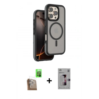 MARSİLYAN™- iPhone 16 Pro Kılıf Çekirdek Minimal Prime - Siyah Bilvis 3D Mat Cam Ekran Koruyucu + Raze Metal Kamera Lens - CLTM
