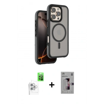MARSİLYAN™- iPhone 16 Pro Kılıf Çekirdek Minimal Prime - Siyah Bilvis 3D Mat Cam Ekran Koruyucu + Raze Metal Kamera Lens - BZ
