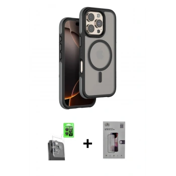 MARSİLYAN™- iPhone 16 Pro Kılıf Çekirdek Minimal Prime - Siyah Bilvis 3D Mat Cam Ekran Koruyucu + Raze Metal Kamera Lens - SH