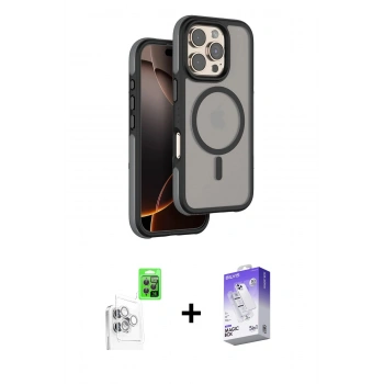 MARSİLYAN™- iPhone 16 Pro Kılıf Çekirdek Minimal Prime - Siyah Bilvis 5in1 3D Magic Cam Ekran Koruyucu + Raze Metal Kamera Lens - BZ