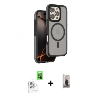 MARSİLYAN™- iPhone 16 Pro Kılıf Çekirdek Minimal Prime - Siyah Bilvis Hayalet Cam Ekran Koruyucu + Raze Metal Kamera Lens - BZ