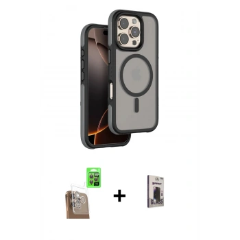 MARSİLYAN™- iPhone 16 Pro Kılıf Çekirdek Minimal Prime - Siyah Bilvis Hayalet Cam Ekran Koruyucu + Raze Metal Kamera Lens - CLTM