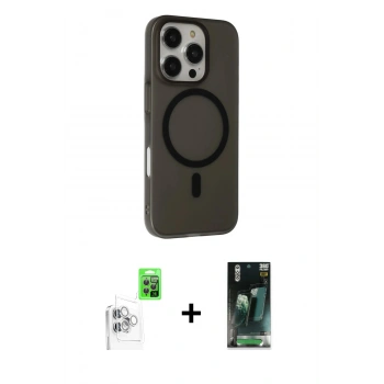 MARSİLYAN™- iPhone 16 Pro Kılıf Çekirdek Modern Prime - Siyah 360 Mat Full Body Arka Koruyucu + Raze Metal Kamera Lens - BZ