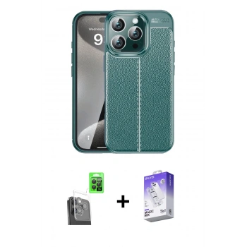 MARSİLYAN™- iPhone 16 Pro Kılıf Doruk Klasik Özel Seri - Siyah Bilvis 5in1 3D Magic Cam Ekran Koruyucu + Raze Metal Kamera Lens - SH