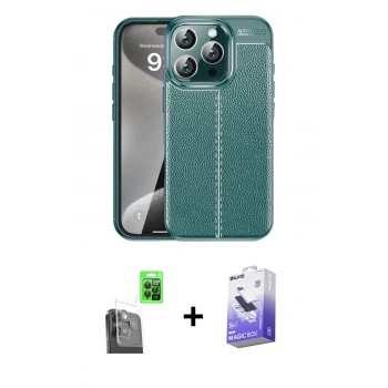 MARSİLYAN™- iPhone 16 Pro Kılıf Doruk Klasik Özel Seri - Siyah Bilvis 5in1 5D Magic Hayalet Cam Ekran Koruyucu + Raze Metal Kamera Lens - SH