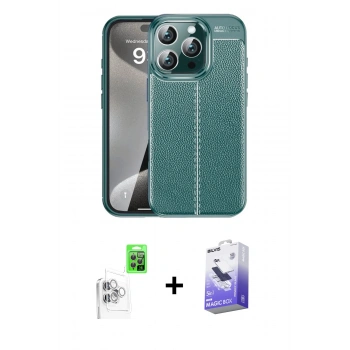 MARSİLYAN™- iPhone 16 Pro Kılıf Doruk Klasik Özel Seri - Siyah Bilvis 5in1 5D Magic Hayalet Cam Ekran Koruyucu + Raze Metal Kamera Lens - BZ