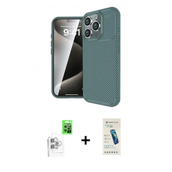 MARSİLYAN™- iPhone 16 Pro Kılıf Eksen Form Prime - Şeffaf Pasifik Cam Ekran Koruyucu + Raze Metal Kamera Lens - BZ