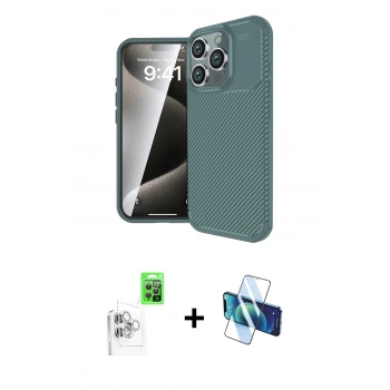 MARSİLYAN™- iPhone 16 Pro Kılıf Eksen Form Prime - Siyah 3D Antistatik Cam Ekran Koruyucu + Raze Metal Kamera Lens - BZ