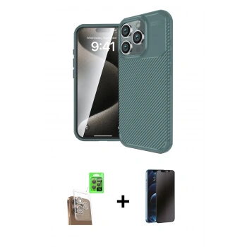 MARSİLYAN™- iPhone 16 Pro Kılıf Eksen Form Prime - Siyah 3D Antistatik Hayalet Cam Ekran Koruyucu + Raze Metal Kamera Lens - CLTM