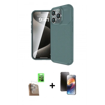 MARSİLYAN™- iPhone 16 Pro Kılıf Eksen Form Prime - Siyah 3D Antistatik Mat Seramik Nano Ekran Koruyucu + Raze Metal Kamera Lens - CLTM
