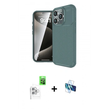MARSİLYAN™- iPhone 16 Pro Kılıf Eksen Form Prime - Siyah 3D Antistatik Seramik Nano Ekran Koruyucu + Raze Metal Kamera Lens - BZ