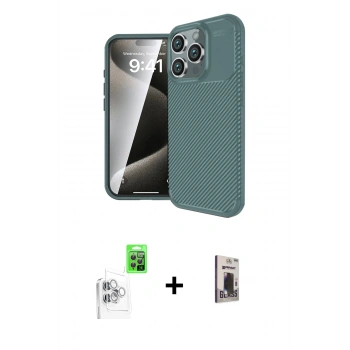MARSİLYAN™- iPhone 16 Pro Kılıf Eksen Form Prime - Siyah Bilvis Hayalet Cam Ekran Koruyucu + Raze Metal Kamera Lens - BZ