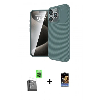 MARSİLYAN™- iPhone 16 Pro Kılıf Eksen Form Prime - Siyah Buffer Hayalet Cam Ekran Koruyucu + Raze Metal Kamera Lens - SH