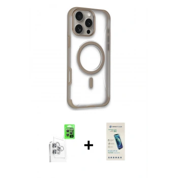 MARSİLYAN™- iPhone 16 Pro Kılıf Eksen Klasik Koleksiyonu - Şeffaf Pasifik Cam Ekran Koruyucu + Raze Metal Kamera Lens - BZ