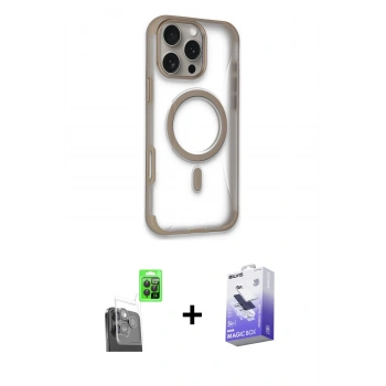 MARSİLYAN™- iPhone 16 Pro Kılıf Eksen Klasik Koleksiyonu - Siyah Bilvis 5in1 5D Magic Hayalet Cam Ekran Koruyucu + Raze Metal Kamera Lens - SH