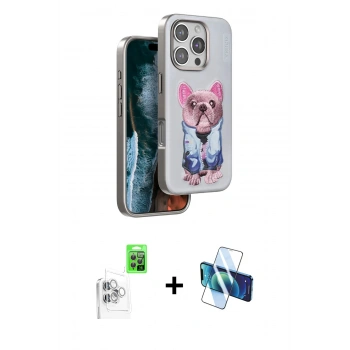 MARSİLYAN™- iPhone 16 Pro Kılıf İz Minimal Koleksiyonu - Siyah 3D Antistatik Cam Ekran Koruyucu + Raze Metal Kamera Lens - BZ