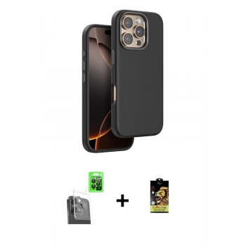 MARSİLYAN™- iPhone 16 Pro Kılıf Kutup Modern - Siyah Buffer Cam Ekran Koruyucu + Raze Metal Kamera Lens - SH