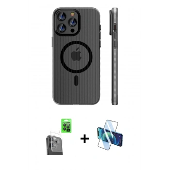 MARSİLYAN™- iPhone 16 Pro Kılıf Pusula Minimal Koleksiyonu - Siyah 3D Antistatik Cam Ekran Koruyucu + Raze Metal Kamera Lens - SH