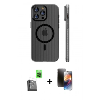 MARSİLYAN™- iPhone 16 Pro Kılıf Pusula Minimal Koleksiyonu - Siyah 3D Antistatik Mat Seramik Nano Ekran Koruyucu + Raze Metal Kamera Lens - SH