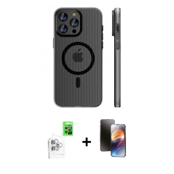 MARSİLYAN™- iPhone 16 Pro Kılıf Pusula Minimal Koleksiyonu - Siyah 3D Antistatik Mat Seramik Nano Ekran Koruyucu + Raze Metal Kamera Lens - BZ