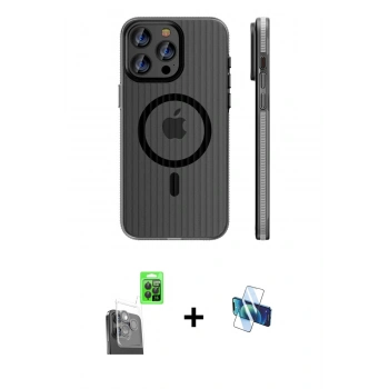MARSİLYAN™- iPhone 16 Pro Kılıf Pusula Minimal Koleksiyonu - Siyah 3D Antistatik Seramik Nano Ekran Koruyucu + Raze Metal Kamera Lens - SH
