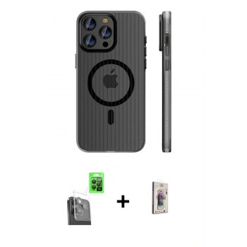 MARSİLYAN™- iPhone 16 Pro Kılıf Pusula Minimal Koleksiyonu - Siyah Bilvis 3D Cam Ekran Koruyucu + Raze Metal Kamera Lens - SH