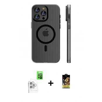MARSİLYAN™- iPhone 16 Pro Kılıf Pusula Minimal Koleksiyonu - Siyah Buffer Cam Ekran Koruyucu + Raze Metal Kamera Lens - BZ