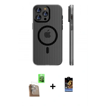 MARSİLYAN™- iPhone 16 Pro Kılıf Pusula Minimal Koleksiyonu - Siyah Buffer Hayalet Cam Ekran Koruyucu + Raze Metal Kamera Lens - CLTM