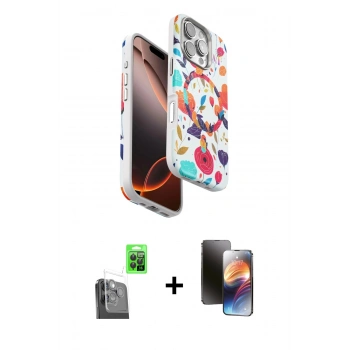 MARSİLYAN™- iPhone 16 Pro Kılıf Siluet Doku - Siyah 3D Antistatik Mat Seramik Nano Ekran Koruyucu + Raze Metal Kamera Lens - SH