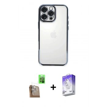 MARSİLYAN™- iPhone 16 Pro Kılıf Vadi Minimal - Siyah Bilvis 5in1 3D Magic Cam Ekran Koruyucu + Raze Metal Kamera Lens - CLTM