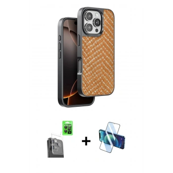 MARSİLYAN™- iPhone 16 Pro Kılıf Vadi Özel Seri - Siyah 3D Antistatik Cam Ekran Koruyucu + Raze Metal Kamera Lens - SH