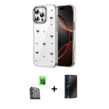 MARSİLYAN™- iPhone 16 Pro Kılıf Yörünge Form - Siyah 3D Antistatik Hayalet Cam Ekran Koruyucu + Raze Metal Kamera Lens - SH