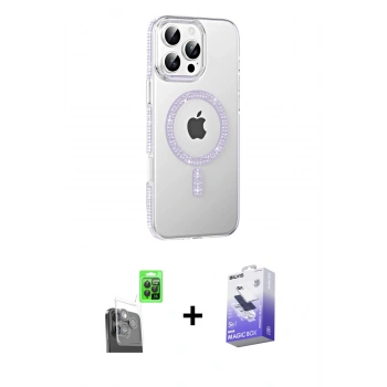 MARSİLYAN™- iPhone 16 Pro Kılıf Yörünge Koleksiyonu - Siyah Bilvis 5in1 5D Magic Hayalet Cam Ekran Koruyucu + Raze Metal Kamera Lens - SH
