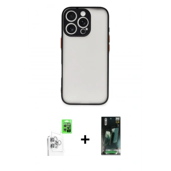 MARSİLYAN™- iPhone 16 Pro Max Kılıf Ahenk Çizgi Serisi - Siyah 360 Mat Full Body Arka Koruyucu + Raze Metal Kamera Lens - BZ