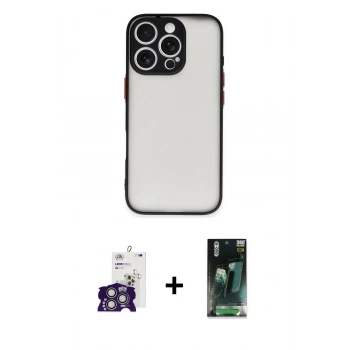 MARSİLYAN™- iPhone 16 Pro Max Kılıf Ahenk Çizgi Serisi - Siyah 360 Mat Full Body Arka Koruyucu + Bilvis Titan Kamera Lens - GS