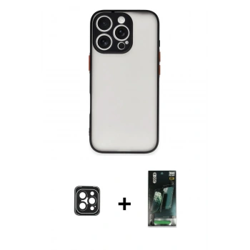 MARSİLYAN™- iPhone 16 Pro Max Kılıf Ahenk Çizgi Serisi - Siyah 360 Mat Full Body Arka Koruyucu + PVD Metal Kamera Lens - SH