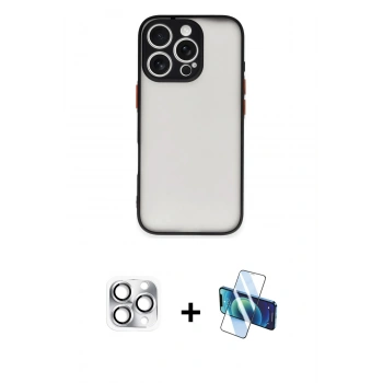 MARSİLYAN™- iPhone 16 Pro Max Kılıf Ahenk Çizgi Serisi - Siyah 3D Antistatik Cam Ekran Koruyucu + Pers Alüminyum Kamera Lens - GS