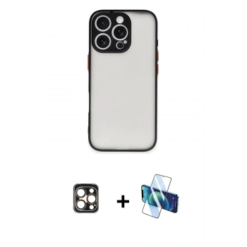 MARSİLYAN™- iPhone 16 Pro Max Kılıf Ahenk Çizgi Serisi - Siyah 3D Antistatik Cam Ekran Koruyucu + PVD Metal Kamera Lens - GD