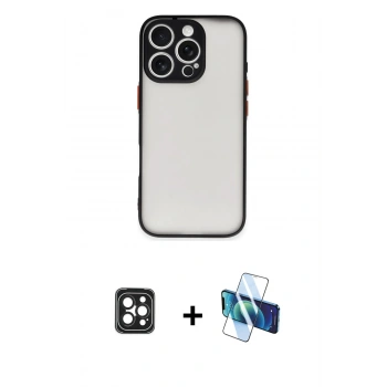MARSİLYAN™- iPhone 16 Pro Max Kılıf Ahenk Çizgi Serisi - Siyah 3D Antistatik Cam Ekran Koruyucu + PVD Metal Kamera Lens - SH