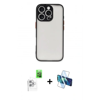 MARSİLYAN™- iPhone 16 Pro Max Kılıf Ahenk Çizgi Serisi - Siyah 3D Antistatik Cam Ekran Koruyucu + Raze Metal Kamera Lens - BZ