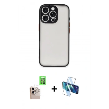 MARSİLYAN™- iPhone 16 Pro Max Kılıf Ahenk Çizgi Serisi - Siyah 3D Antistatik Cam Ekran Koruyucu + Raze Metal Kamera Lens - NLGY