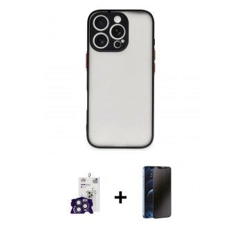 MARSİLYAN™- iPhone 16 Pro Max Kılıf Ahenk Çizgi Serisi - Siyah 3D Antistatik Hayalet Cam Ekran Koruyucu + Bilvis Titan Kamera Lens - TMGI
