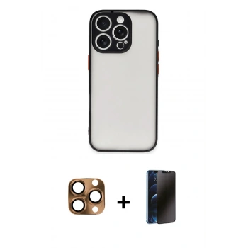 MARSİLYAN™- iPhone 16 Pro Max Kılıf Ahenk Çizgi Serisi - Siyah 3D Antistatik Hayalet Cam Ekran Koruyucu + Pers Alüminyum Kamera Lens - CLTM